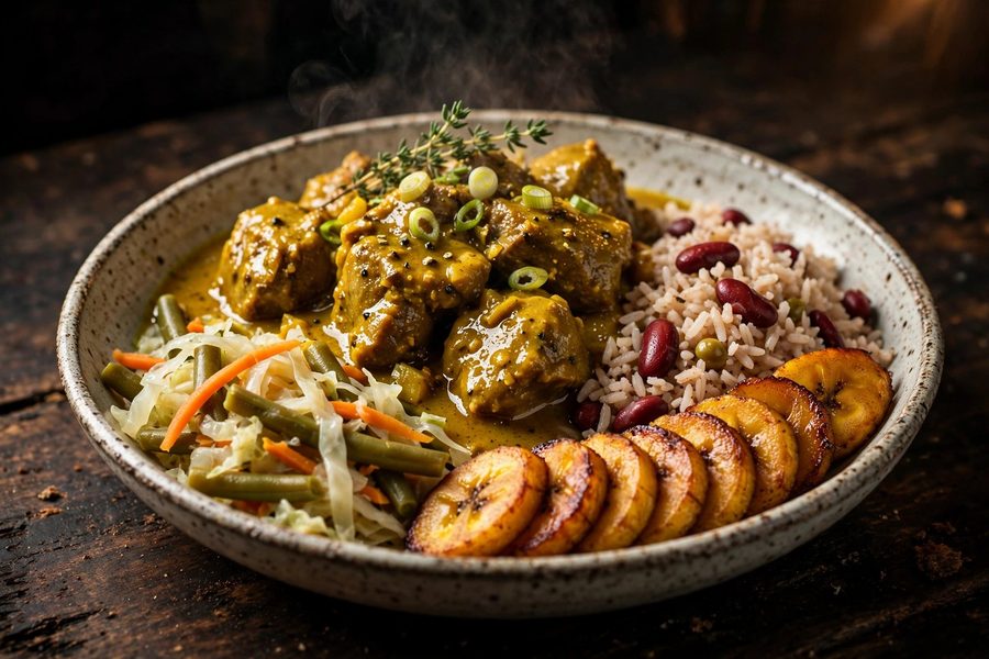 Jamaican curry goat with rice and peas, fried plantains and steamed vegetables